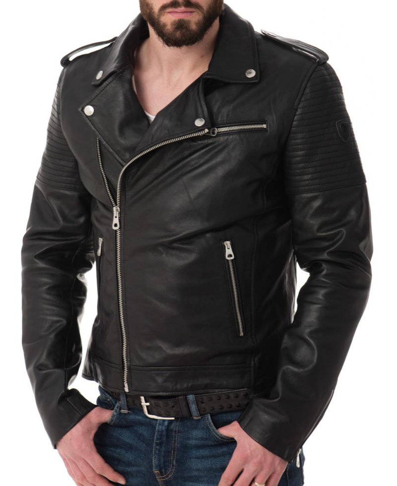 Men's Asymmetrical Zipper Stylish Black Leather Biker Jacket
