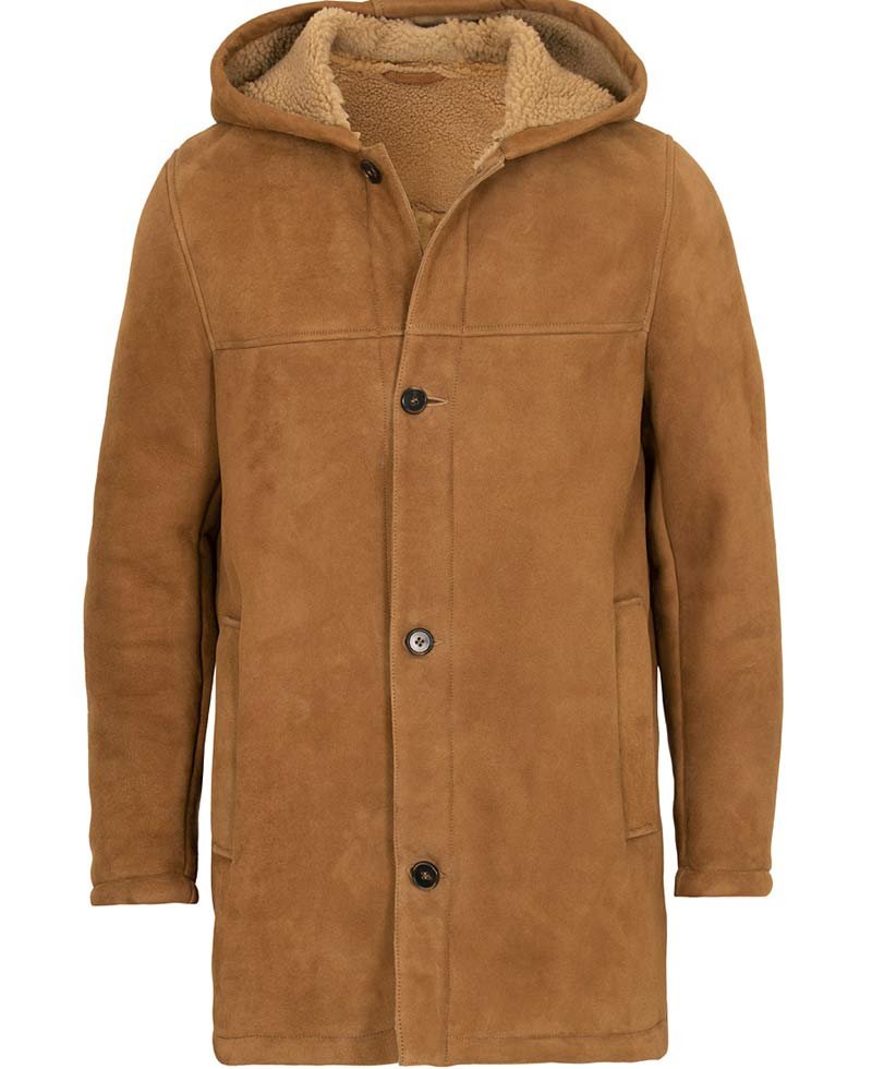 Men's Suede Brown Faux Shearling Coat with Hoodie