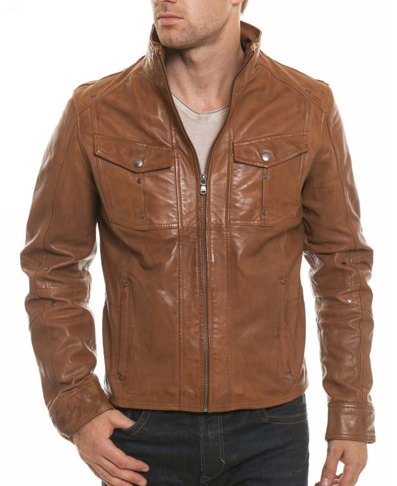 Men's Casual Stand Collar Tan Brown Leather Jacket