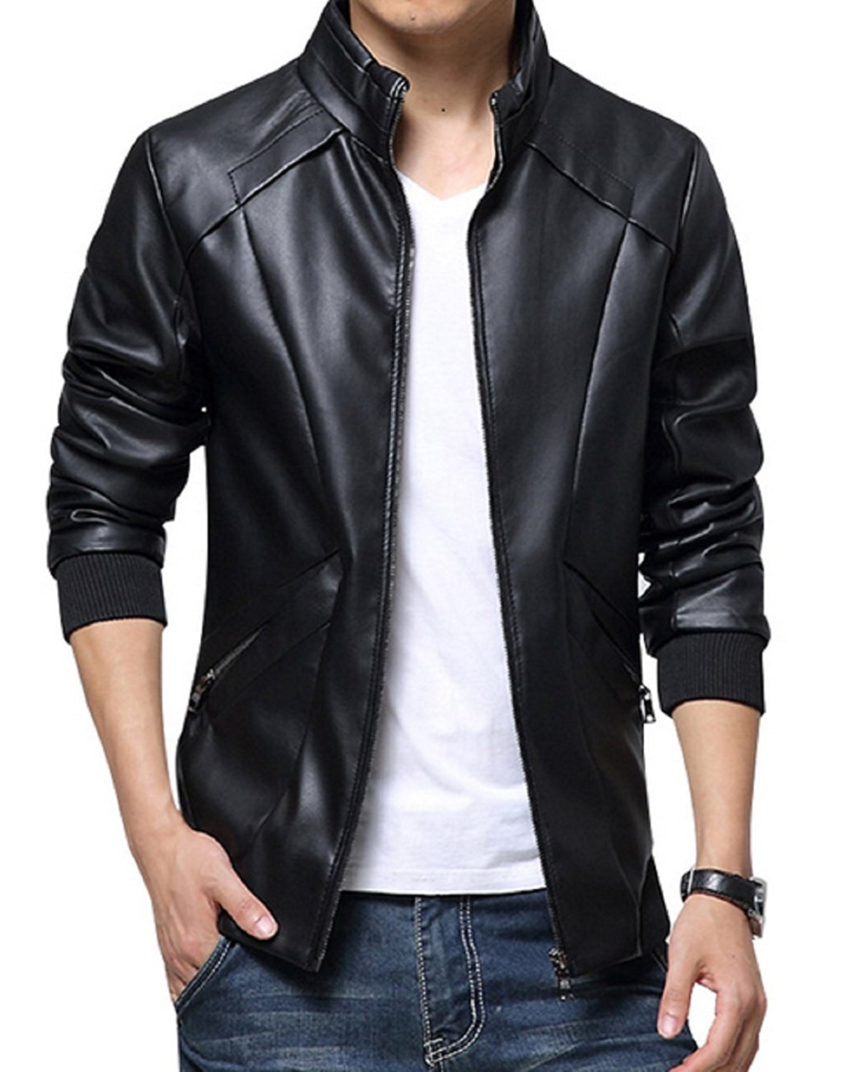 Men's Simple Look Waist Pockets Black Leather Jacket