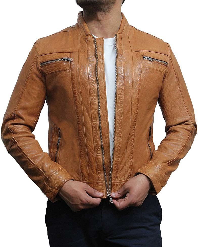 Men's Motorcycle Tan Brown Washed Leather Jacket