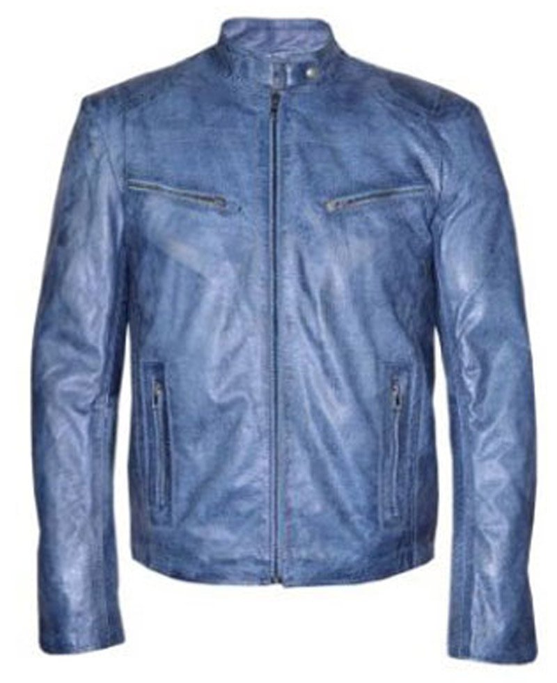 Men's Motorcycle Washed Blue Leather Jacket