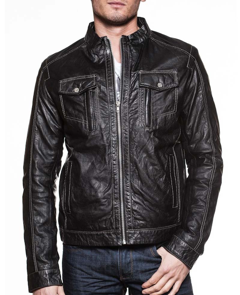 Men's Mandarin Collar White Stitched Leather Jacket