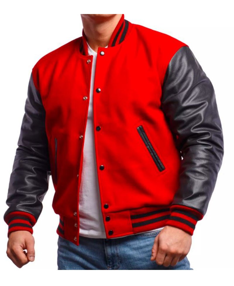 Men's Varsity Black Leather and Wool Red Jacket