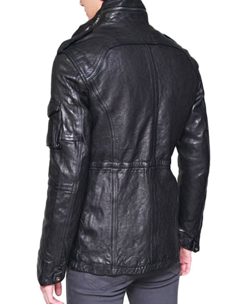 Men's Zipper Collar Design Mid Length Lambskin Black Jacket