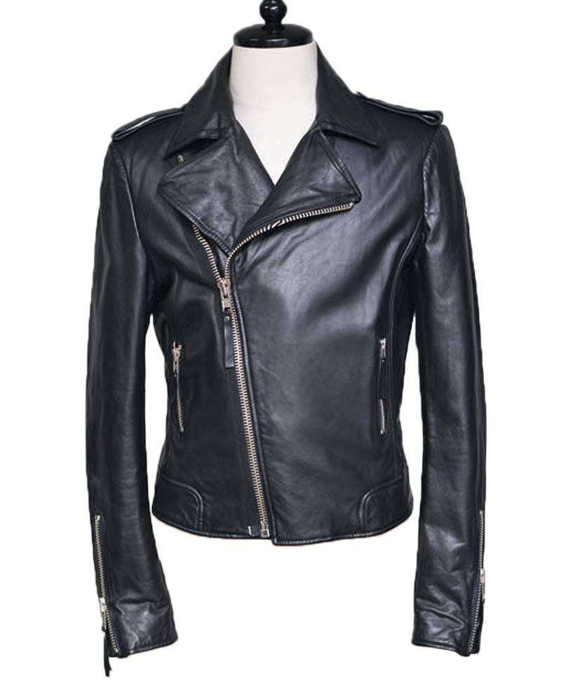 Men's Asymmetrical Zipper Cuff Motorcycle Black Leather Jacket