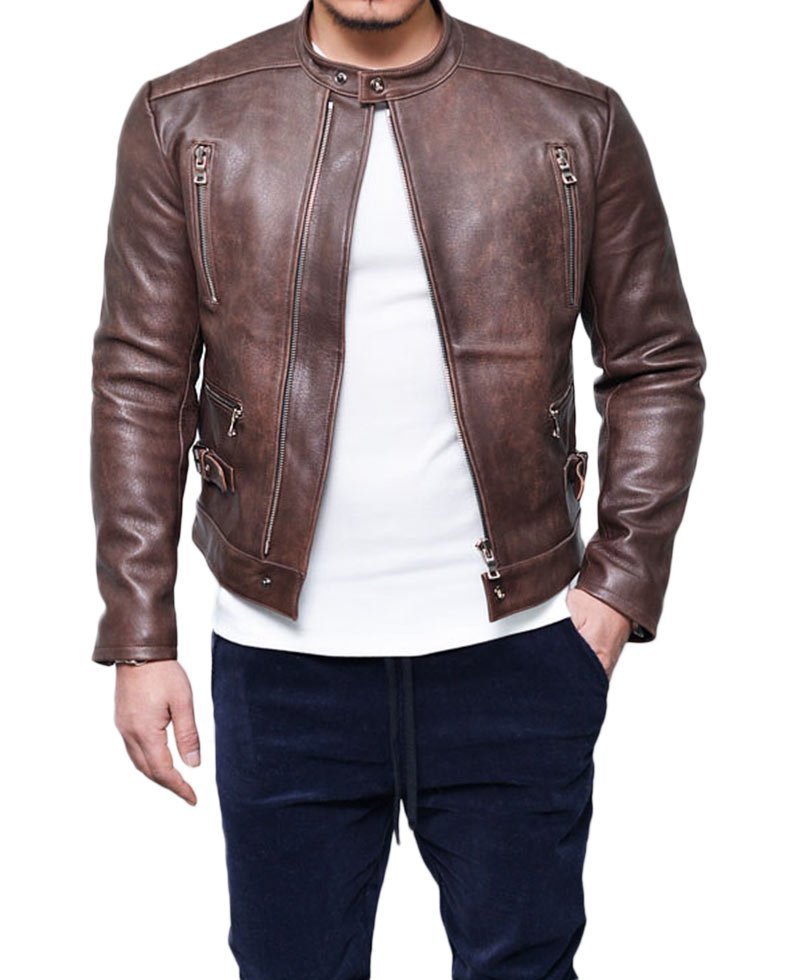 Men's Zipper Pockets Biker Style Lambskin Leather Jacket