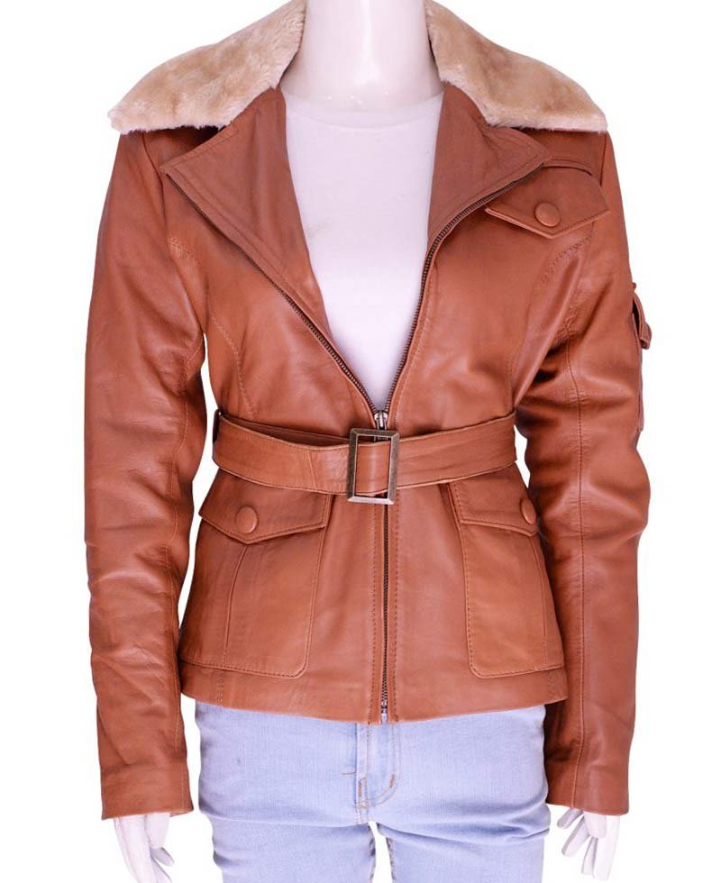 Night at The Museum Amelia Earhart Leather Jacket with Fur Collar