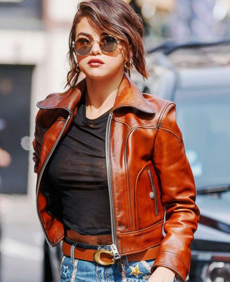 Street Wear Selena Gomez Brown Leather Jacket