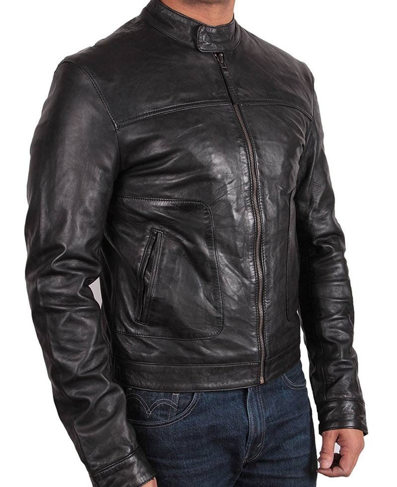 Men's Snap Button Black Leather Moto Jacket