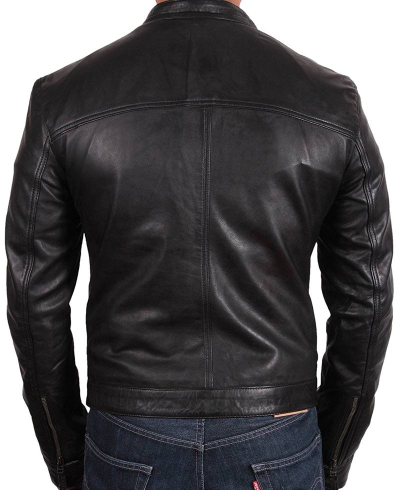 Men's Snap Button Black Leather Moto Jacket