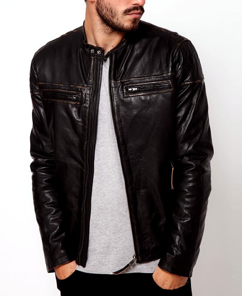 Men's Snap Tab Collar Dark Brown Leather Jacket