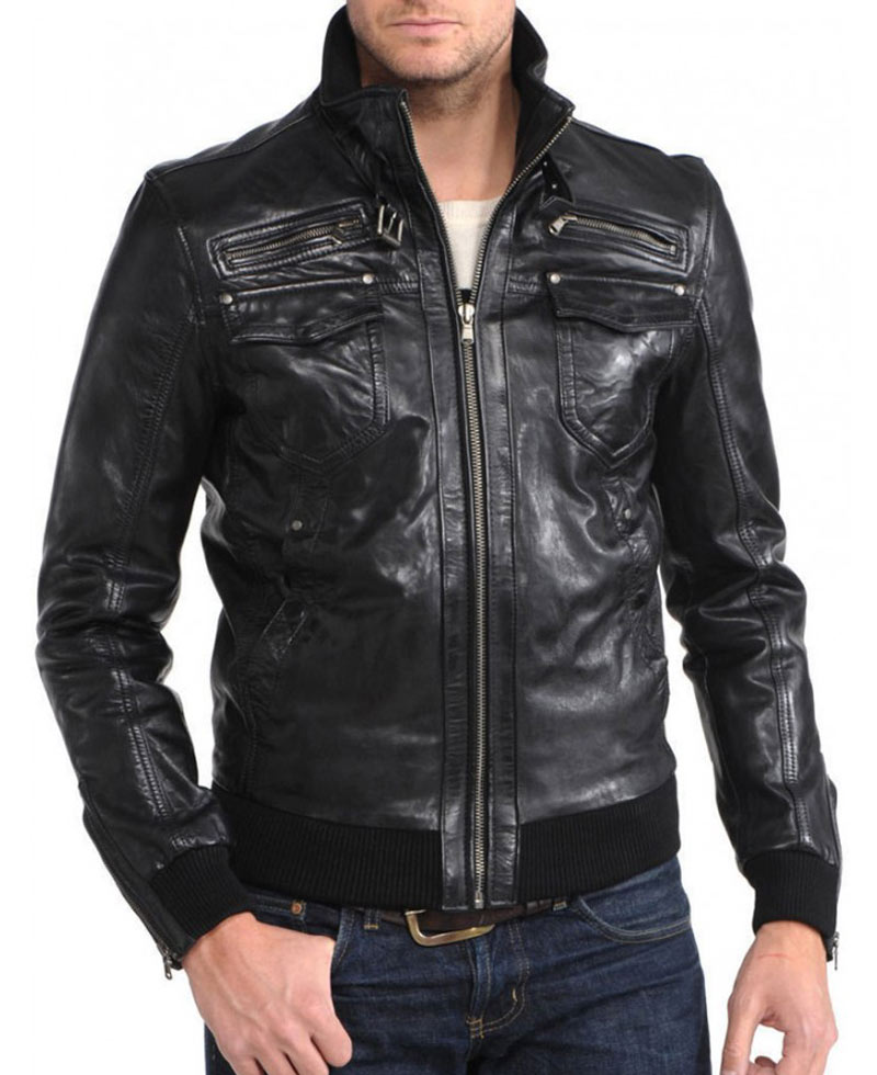 Men's Designer Stand Collar Black Leather Bomber Jacket