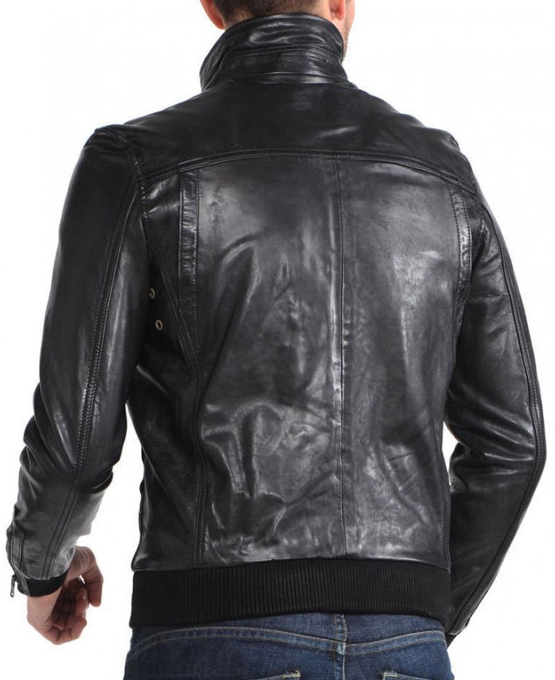 Men's Designer Stand Collar Black Leather Bomber Jacket
