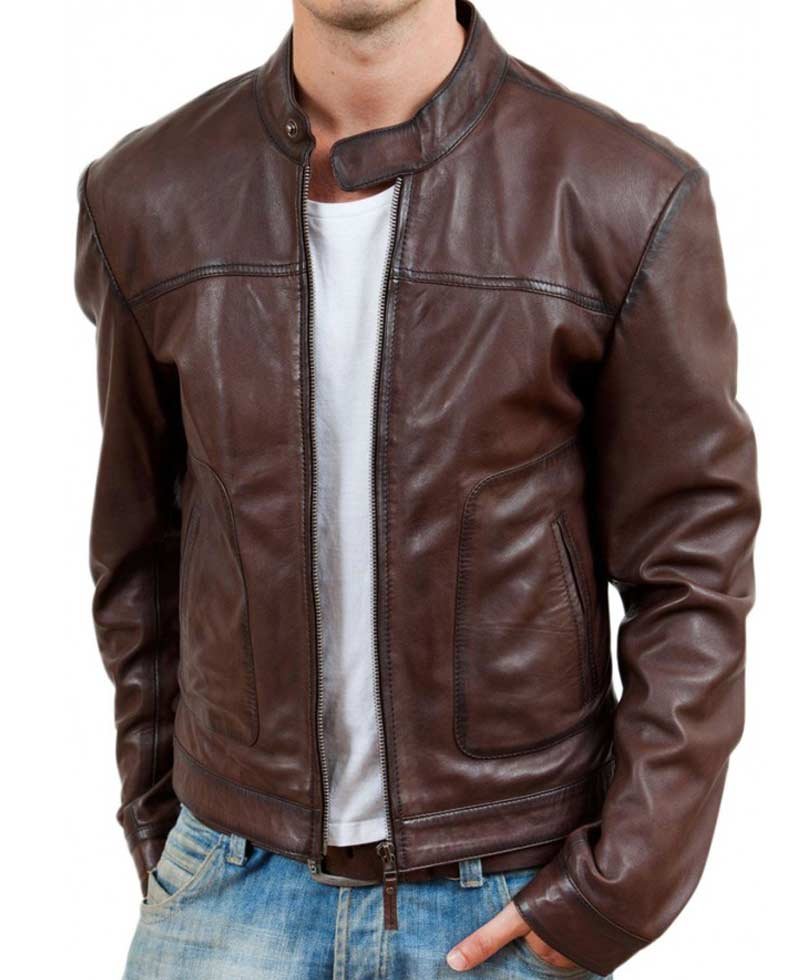 Men's Stand Up Collar Casual Brown Waxed Leather Jacket