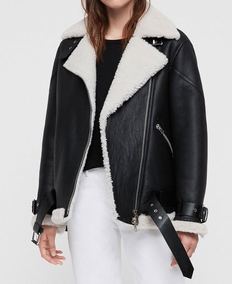 Women's Belted Asymmetrical Shearling Biker Black Leather Jacket