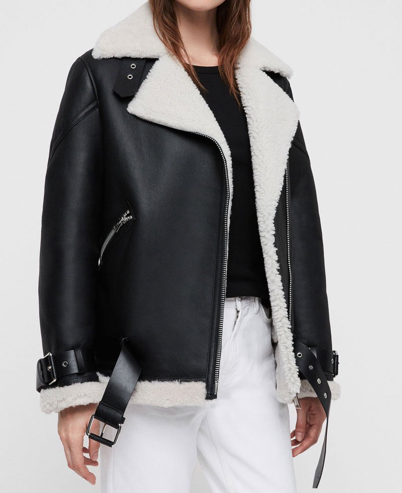 Women's Belted Asymmetrical Shearling Biker Black Leather Jacket