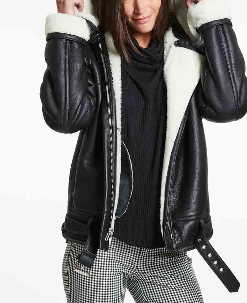 Women's Shearling Biker Style Black Leather Jacket with Fur Collar