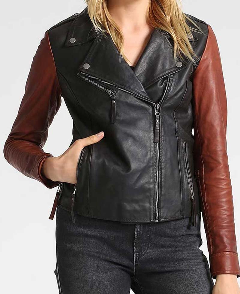 Women's Asymmetrical Zipper Biker Black Jacket with Brown Sleeves