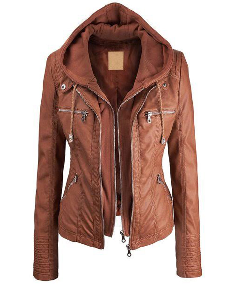 Women's Brown Hooded Faux Leather Jacket