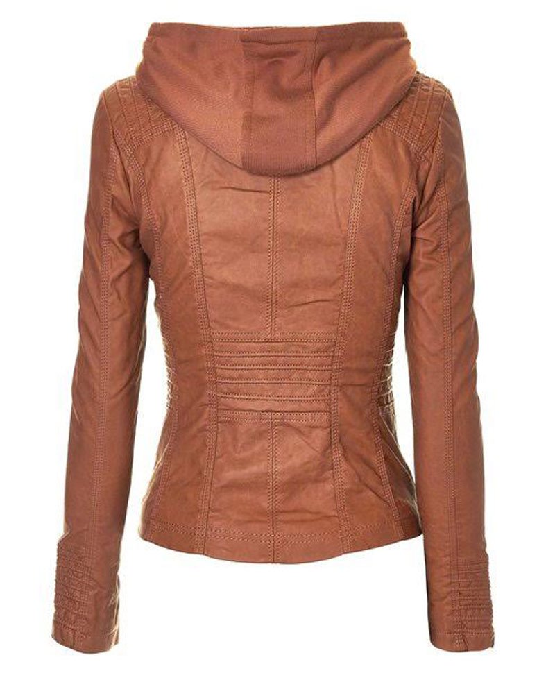 Women's Brown Hooded Faux Leather Jacket