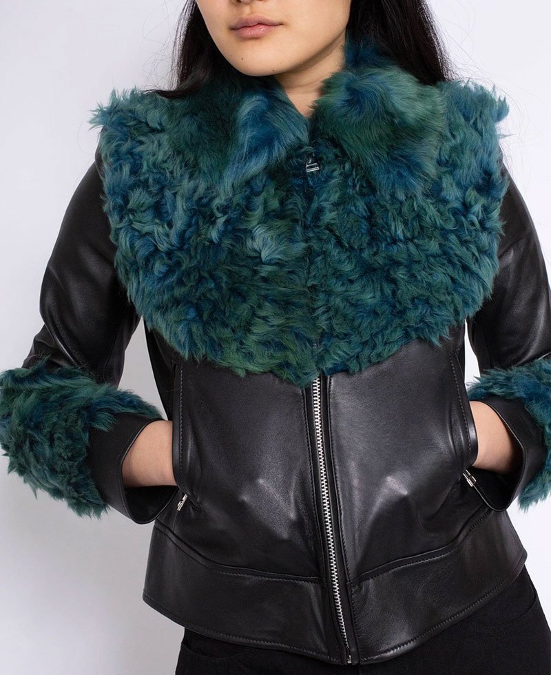 Women’s Designer Aviator Green Fur Leather Jacket
