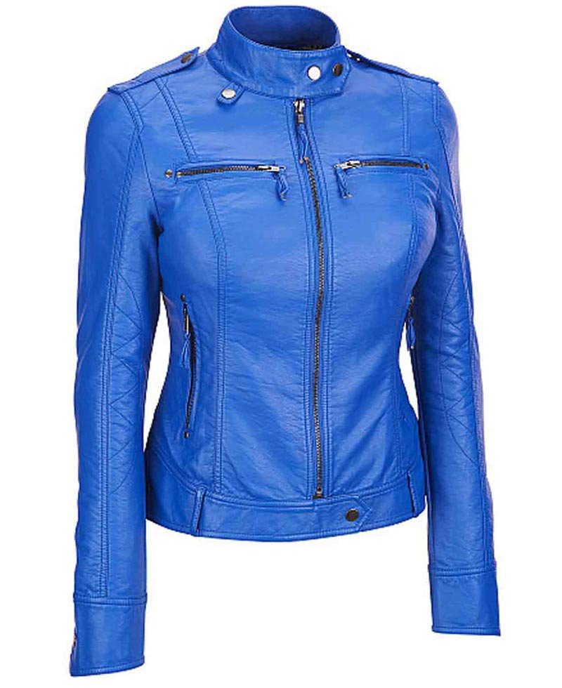 Women's Motorcycle Elegant Blue Leather Jacket