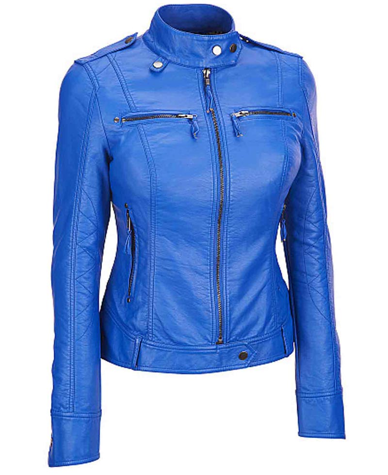 Women S Elegant Blue Leather Biker Jacket Jackets