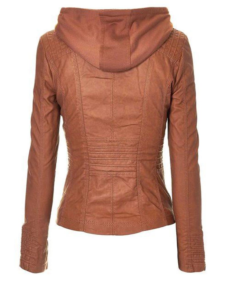 Women's Casual Wear Faux Leather Jacket with Hoodie