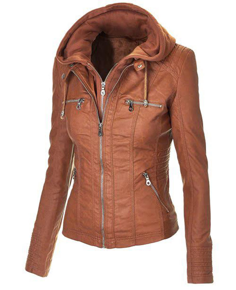 Women's Casual Wear Faux Leather Jacket with Hoodie