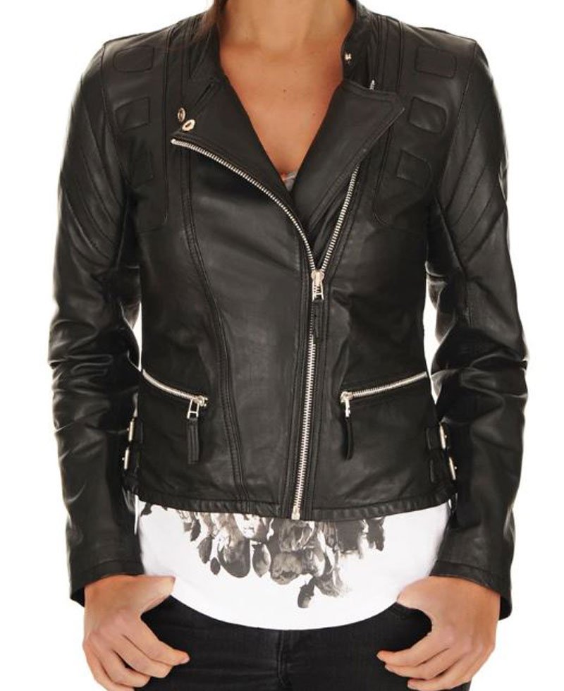 Women's FJ072 Designer Asymmetrical Motorcycle Black Leather Jacket