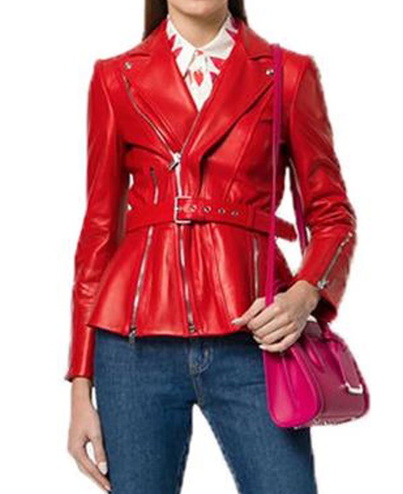 Women's FJ548 Belted Blazer Style Red Leather Biker Jacket