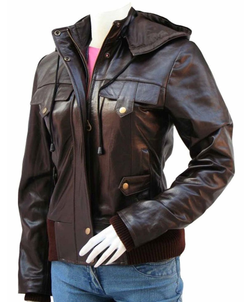 Women's Glossy Brown Leather Jacket with Hoodie