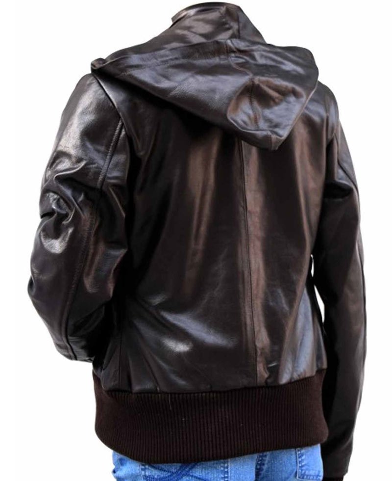 Women's Glossy Brown Leather Jacket with Hoodie