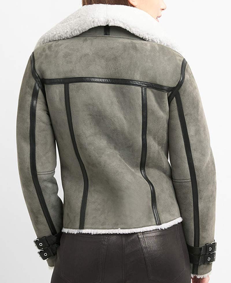 Women's Grey Suede Motorcycle Shearling Jacket 