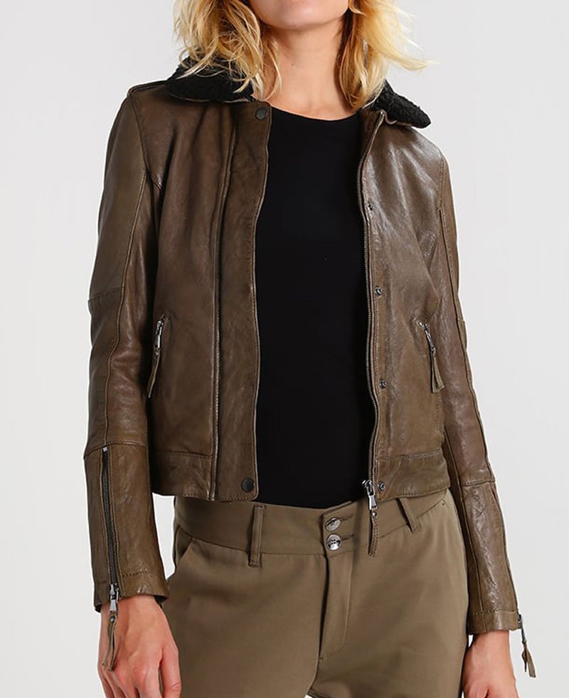 Women's Khaki Leather Fur Collar Jacket