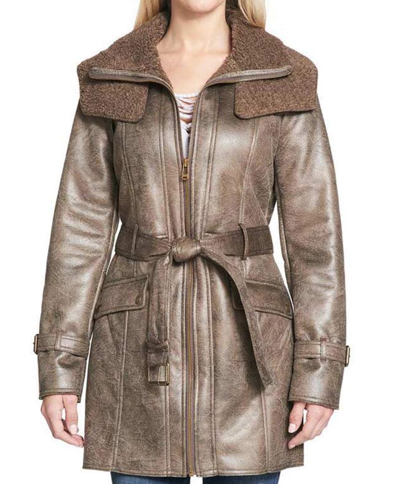Women's Mid Length Duster Shearling Leather Coat