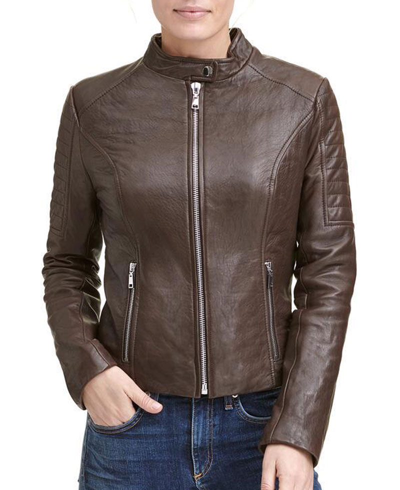 Womens Biker Quilted Design Scuba Brown Leather Jacket S Jackets