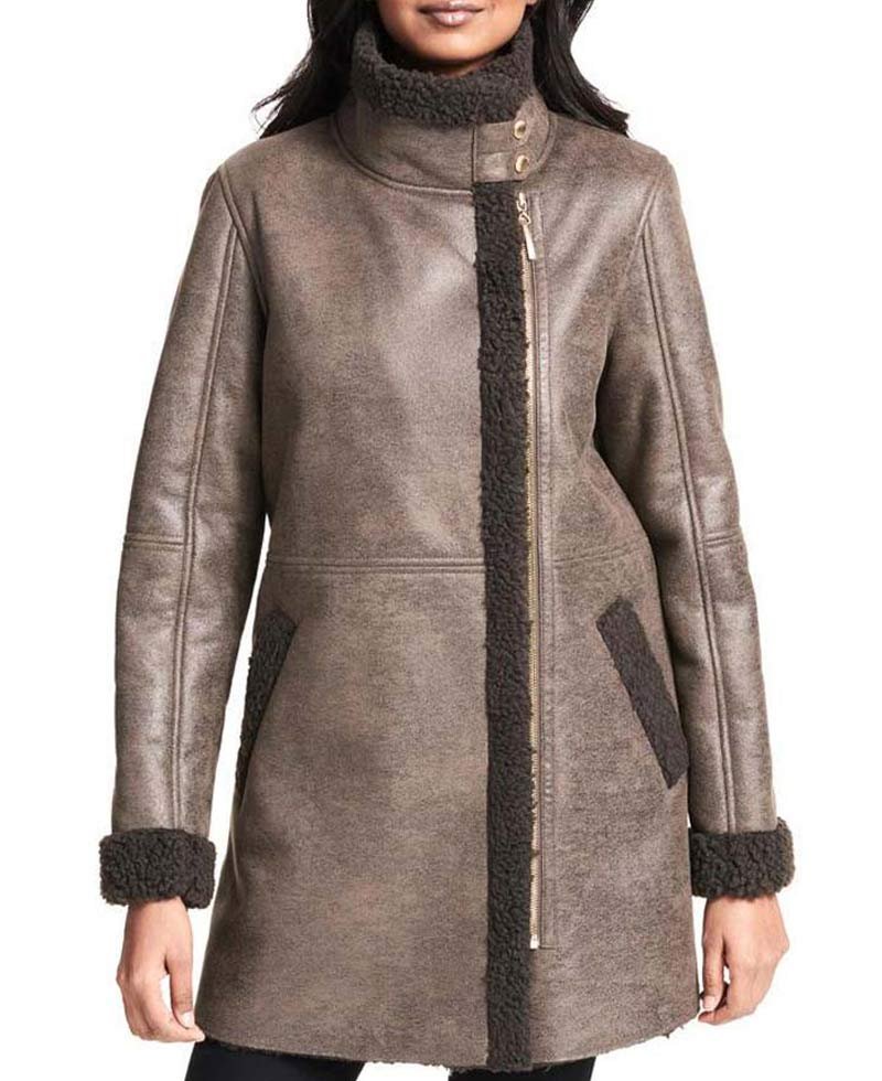 Women's Shearling Asymmetrical Brown Leather Coat