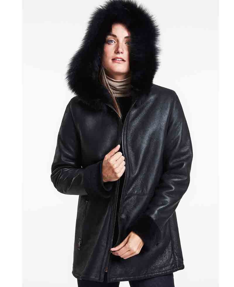 Women's Stylish Shearling Black Leather Jacket With Hoodie