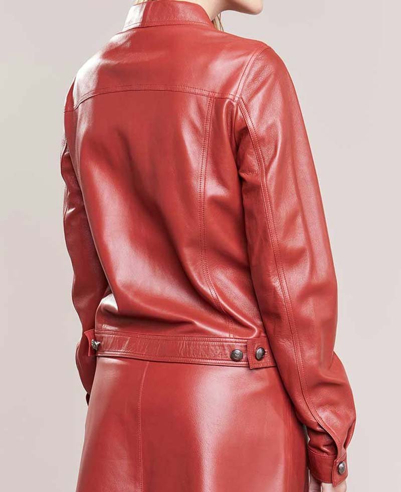 Women's Pinkish Red Color Shirt Style Button Leather Jacket