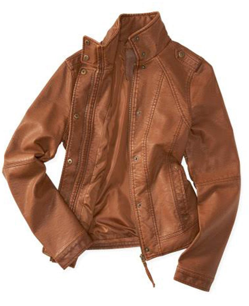 Women's Cognac Faux Leather Tan Brown Stand Collar Jacket