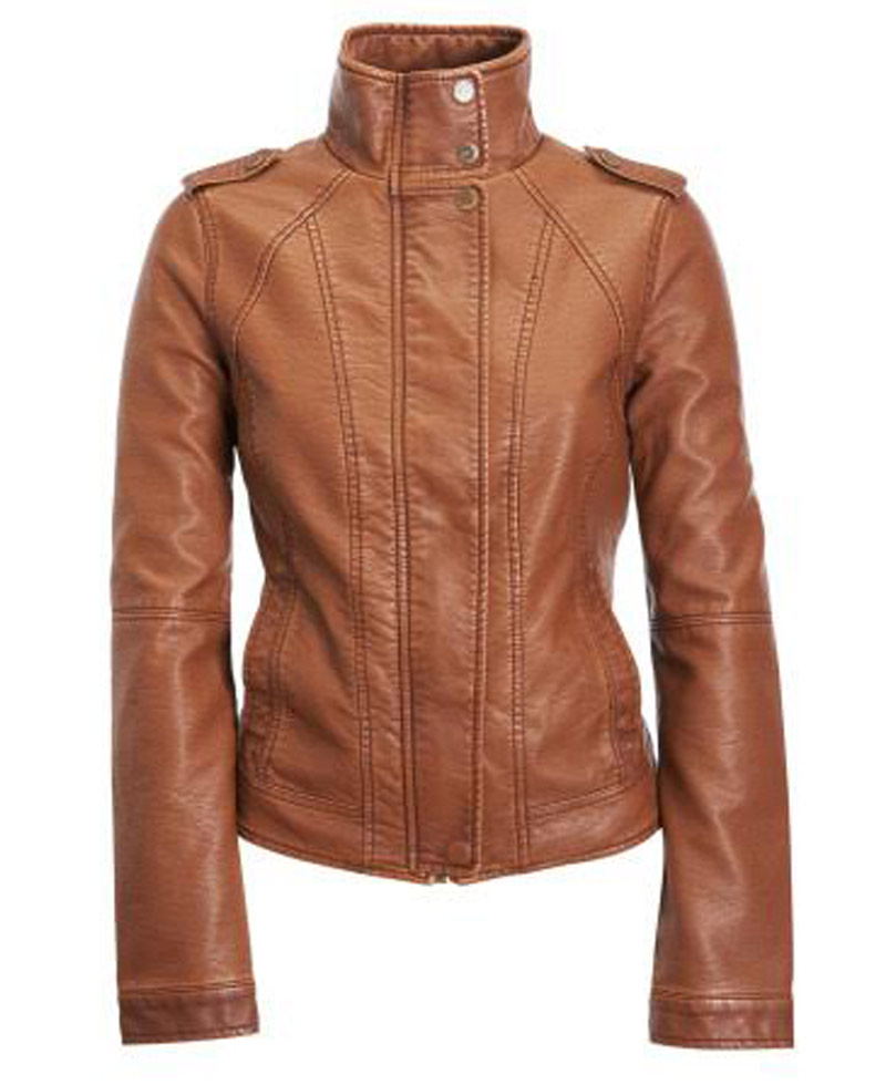 Women's Cognac Faux Leather Tan Brown Stand Collar Jacket