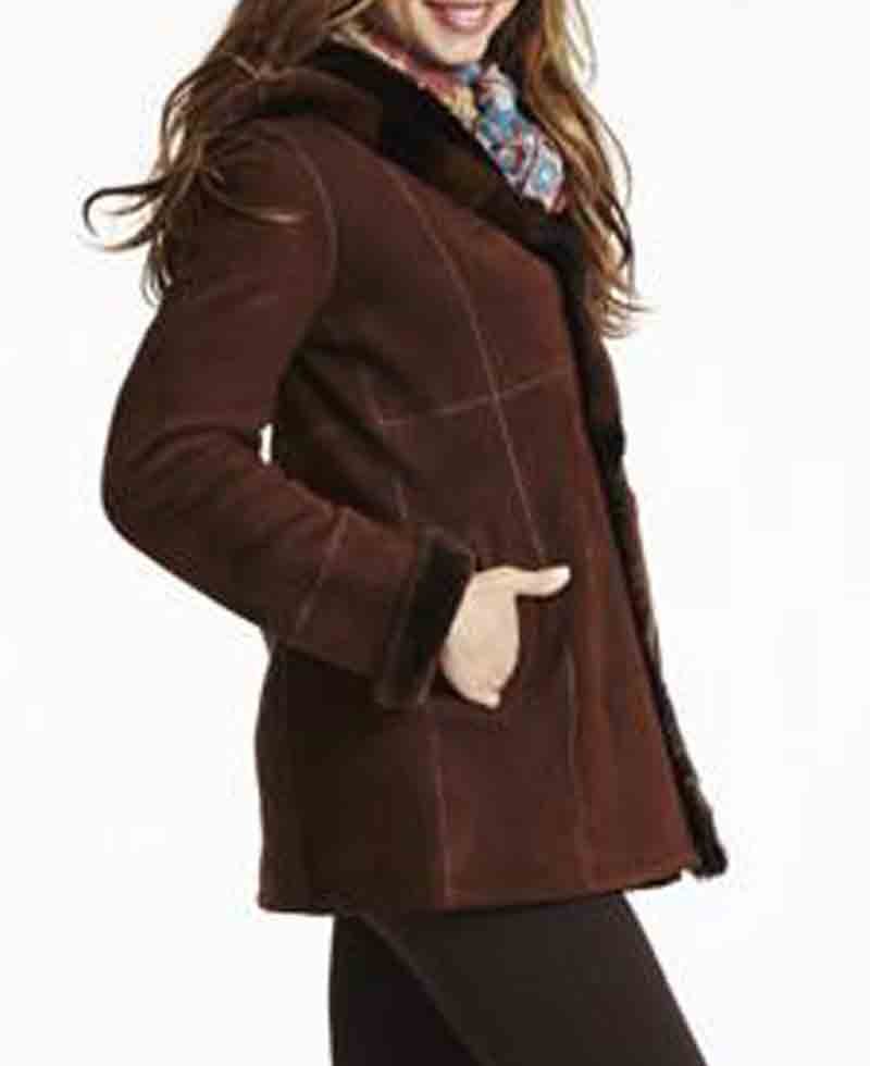 Women's Shearling Brown Suede Leather Jacket with Hoodie