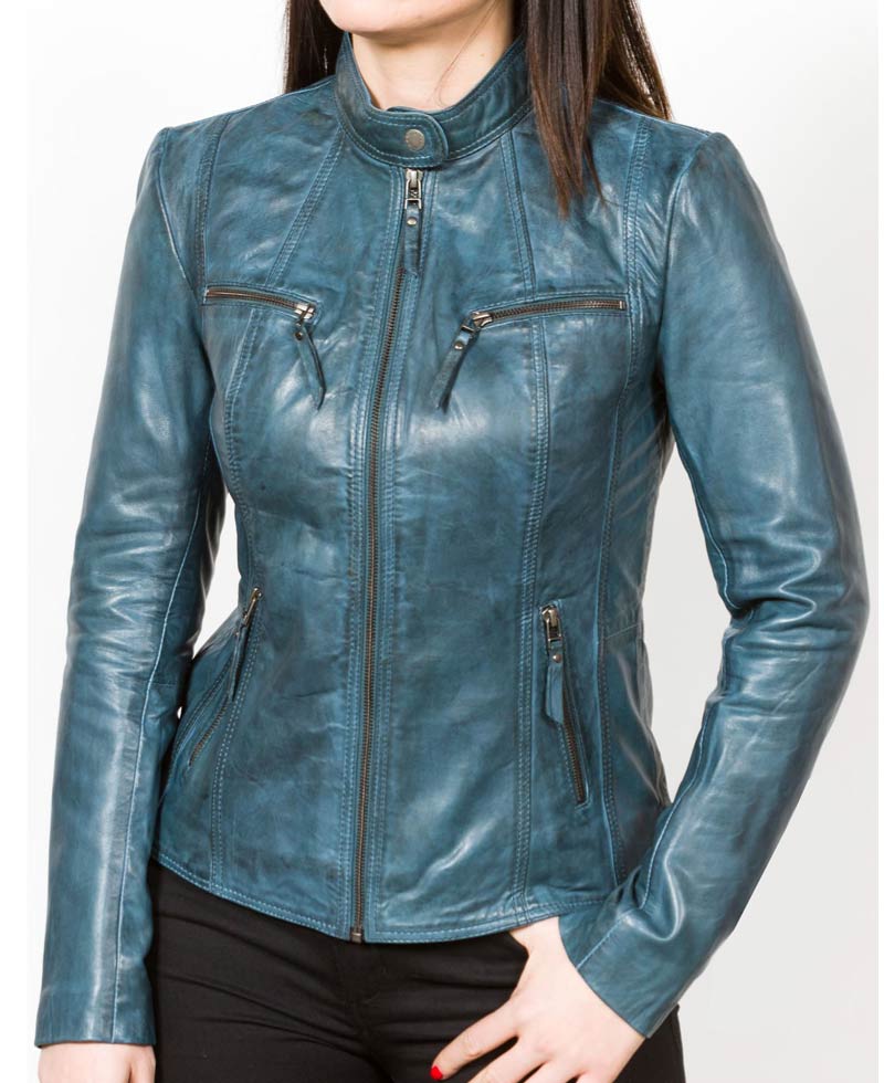 Women's Waxed Blue Leather Motorcycle Jacket