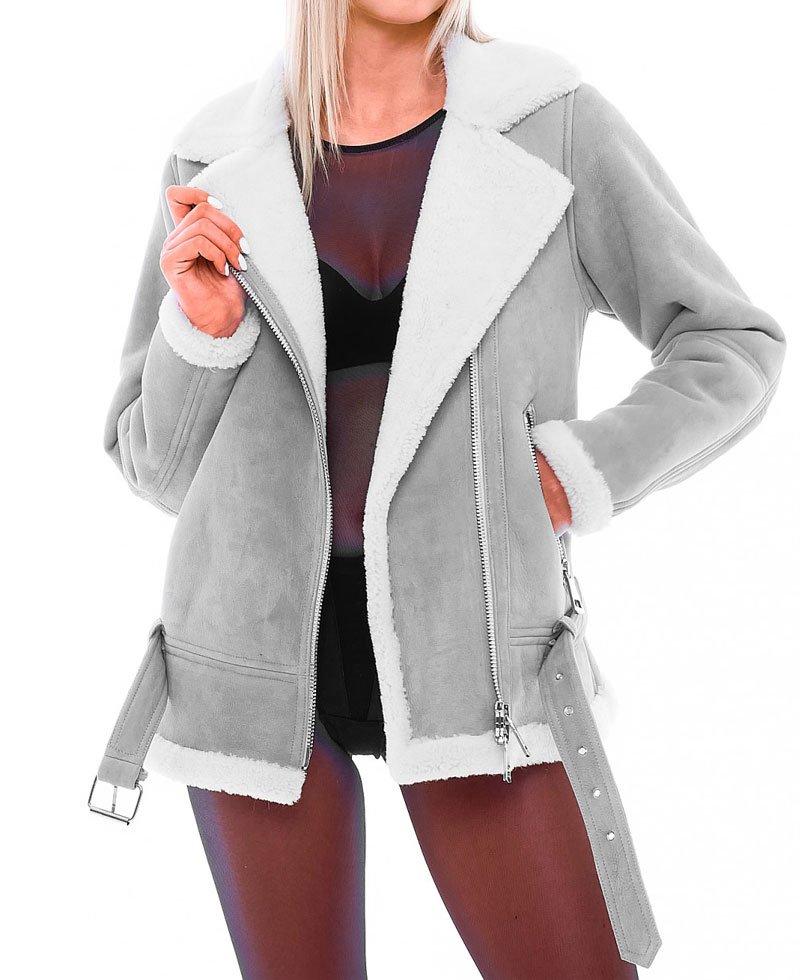 Women's WFJ301 Suede Asymmetrical Zipper Shearling Grey Jacket