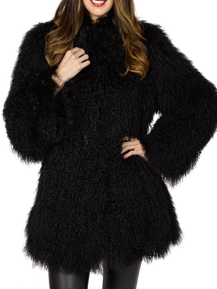 Women's Mongolian Fur Winter Black Coat
