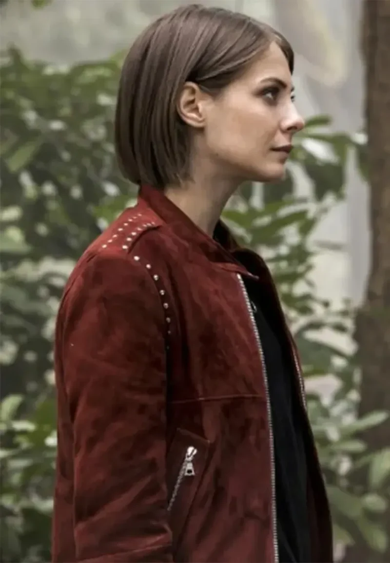 arrow season 5 willa holland red suede biker jacket