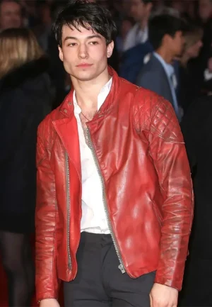 ezra miller red leather jacket