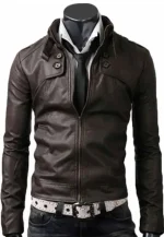 mens belted buckle collar dark brown leather jacket